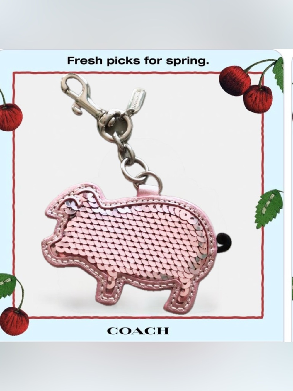 Coach Poppy Pig Bag Charm Keychain with Silver Hardware Pink Sequin - New in Bag